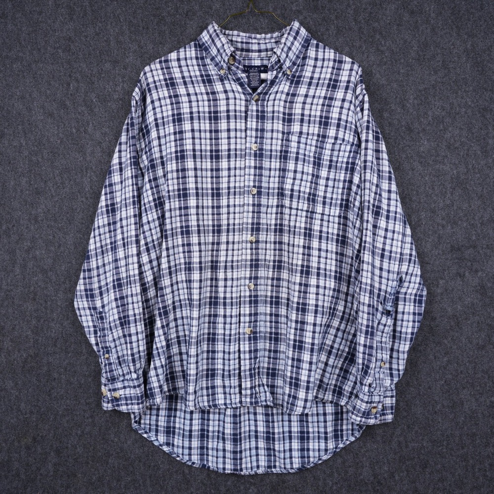 Vintage Ivy Crew Plaid Button Down Shirt Mens Medium Navy Blue Fair Rips Hole